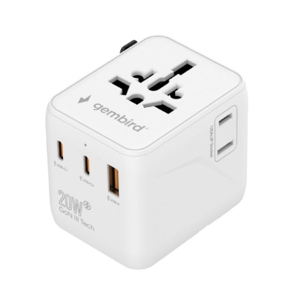 GEMBIRD POWER ADAPTER TRAVEL 20W/WHITE TPA-1A2C20-01-W GEMBIRD