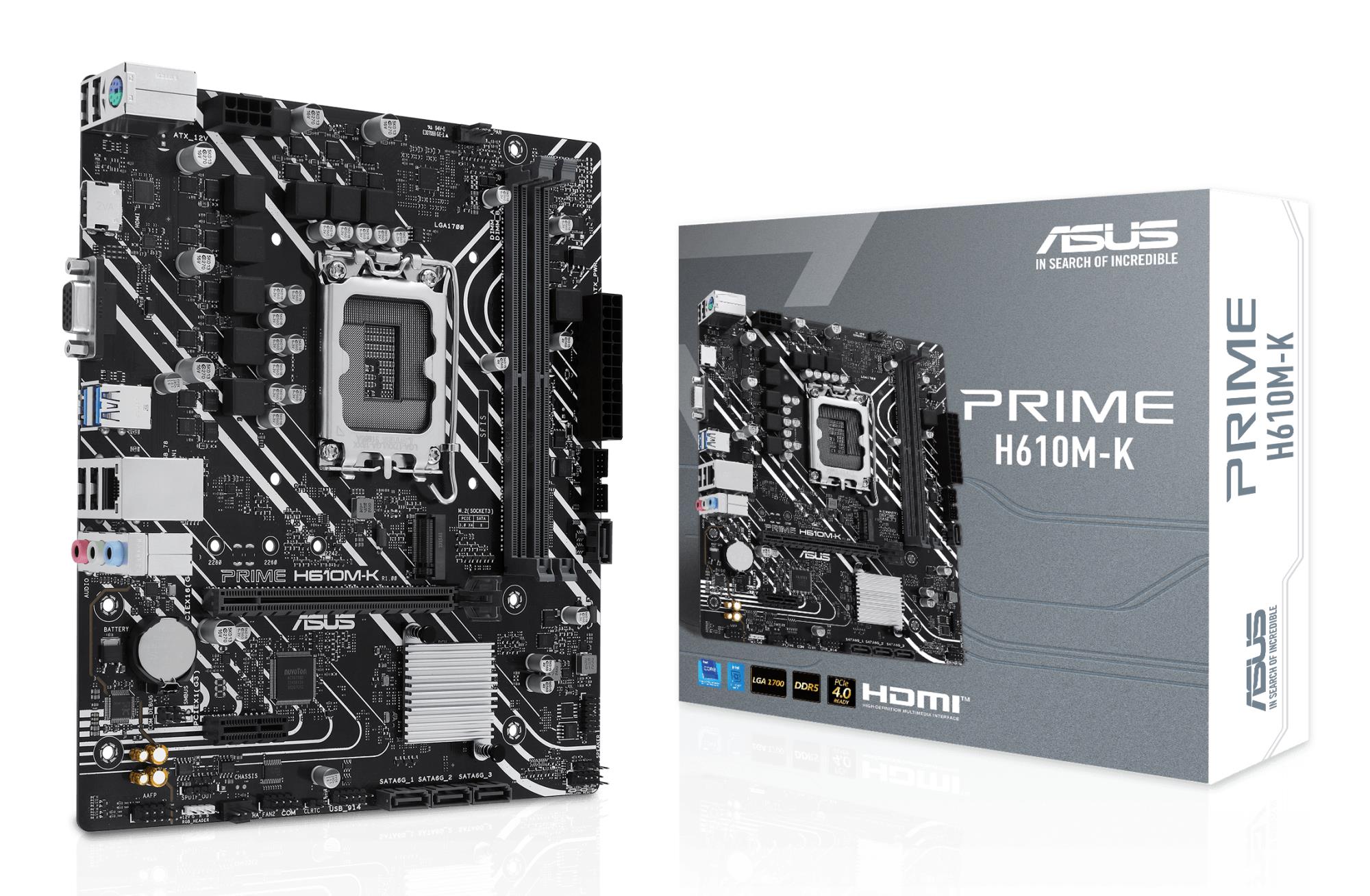 c06d4963-7b18-4d00-a898-dcd27b1bdcf9-1 ASUS Mainboard|ASUS|Intel H610|LGA1700|Micro-ATX|Memory DDR5|Memory slots 2|1xPCI-Express 3.0 1x|1xPCI-Express 4.0 16x|1xM.2|1x15pin D-sub|1xHDMI|4xUSB 2.0|2xUSB 3.2|1xPS/2|1xRJ45|3xAudio port|PRIMEH610M-K - Image 1