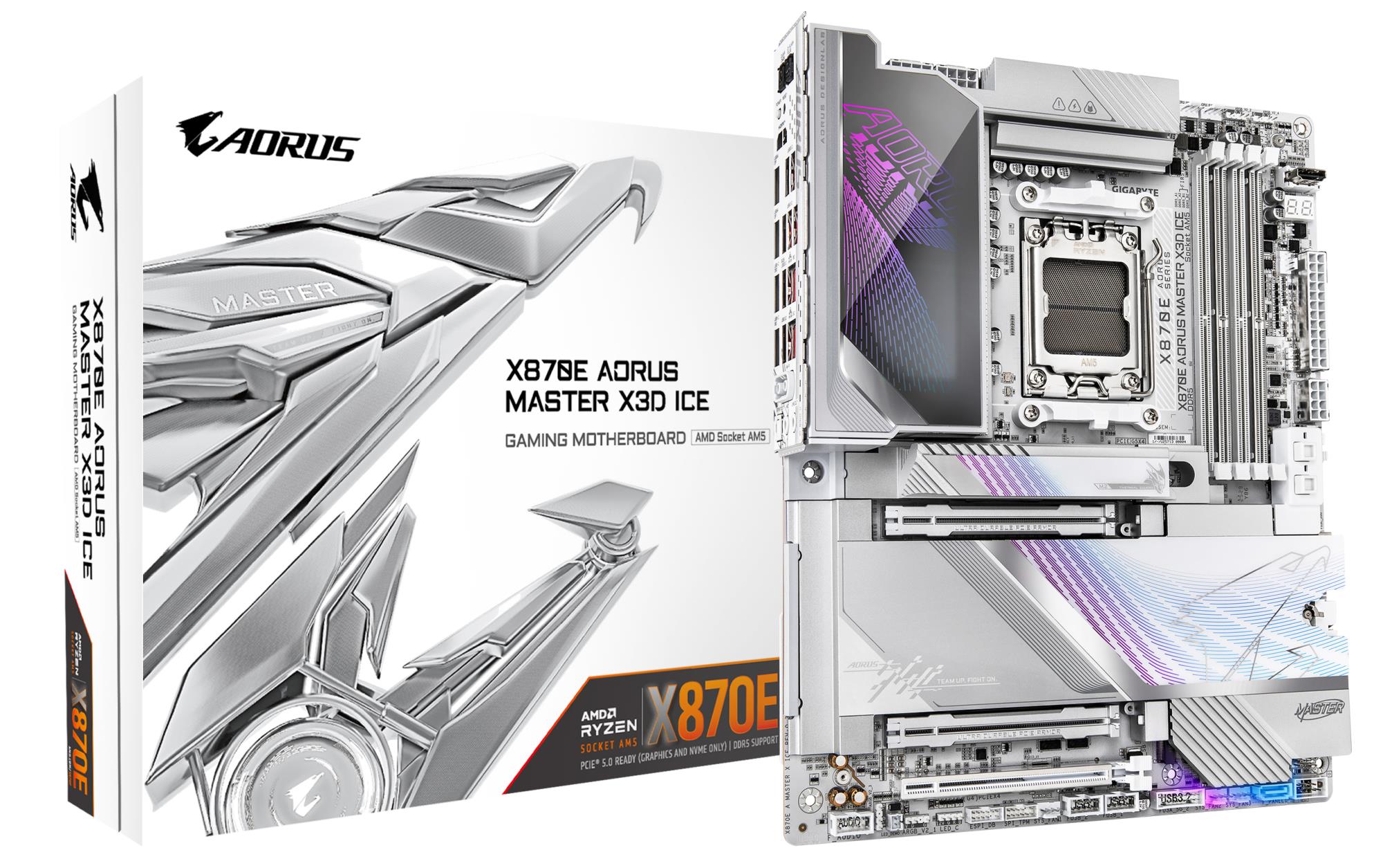 5f026a7b-eb60-4982-bac2-1cb7db30d029 GIGABYTE Mainboard|GIGABYTE|AMD X870E|Socket AM5|ATX|RAM DDR5-SDRAM|4xSlots|Wi-Fi Yes|Bluetooth Yes|5xNumber of M.2 (M) slots|X870E A MASTER X ICE|X870EAMASTERXICE - Image 1
